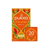 Pukka Three Ginger örtte. En förpackning med 20 påsar, ekologisk och koffeinfri.