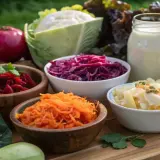 En härlig uppdukning av fermenterade grönsaker som rödbetor, surkål och morötter, perfekt för en **holistic cellsyre**-diet.
