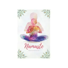 En färgstark silhuett av en person i meditationsställning, med texten "Namaste" och "Yoga Journal Volume 1".
