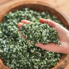 En hand håller torkade örter, redo att bryggas till ett värmande tulsi te.
