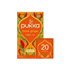 Pukka Three Ginger örtte. En förpackning med 20 påsar, ekologisk och koffeinfri.
