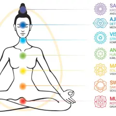 En person i meditationsställning med färgade chakran längs ryggraden. Sat Nam.