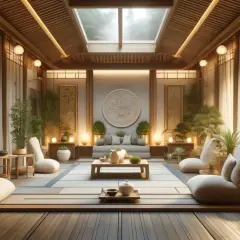 Ett lugnt rum med japansk inredning, perfekt för att vara zen. Mjuka möbler, bambu och naturligt ljus skapar en fridfull atmosfär.