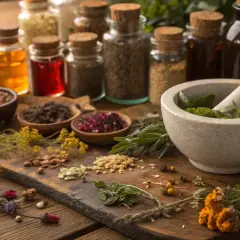 Mortel med örter, flaskor med vätskor och torkade ingredienser. En hyllning till naturlig hälsa och pukka revitalise.