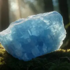 Blå kalcit, med sina lugnande blå nyanser, vilar på mossig mark i en solbelyst skog. Dess skiktade struktur antyder dess unika blå kalcit egenskaper.