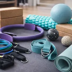 Träningsredskap för hemmet: yogamatta, pilatesring, band, bollar och block. Perfekt för din yoga DVD-träning.