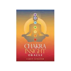 Omslag till "Chakra Insight Oracle" med en person i meditation och färgade chakran. En guide för din inre resa, som en starseed oracle.
