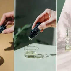 Droppar av eteriska oljor från små flaskor, som förberedelse för en egen parfym. Rosmarin och kamomill syns bland annat.