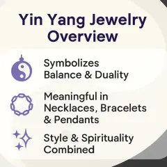Översikt över Yin Yang smycken. Symboliserar balans och dualitet, meningsfullt i ett yin yang halsband, armband och hängen. Stil och andlighet kombinerat.