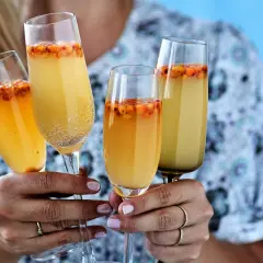 Fyra glas med bubbel och havtorn. Perfekt havtorn dosering för en festlig stund.