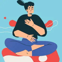 Person med slutna ögon med händerna på bröstet och magen, sitter i meditationsställning. Kan hjälpa mot vagusnerven och ångest.