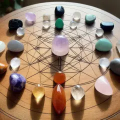 En cirkel av vackra chakra smycken, arrangerade på en träskiva med geometriska mönster. Stenar i olika färger och former skapar en harmonisk helhet.