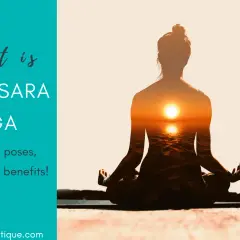 Silhuett av en person i meditationsställning med en solnedgång över havet inuti. Texten "What is Anusara Yoga" framträder.