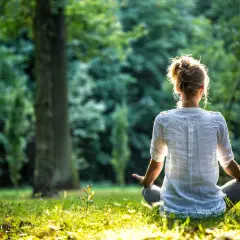 En person sitter i lotusställning i en grönskande park, med ryggen mot kameran. Solen lyser genom träden och skapar en varm glöd. En stund av lugn och eye gazing.