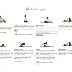 Kvinnan utför olika yoga poses för ryggen, som ryggflex och liggande twist.