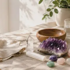 Vackra kristaller och stenar, som ametist och rosenkvarts, ligger utspridda på en duk. En klar kvartskristall och en selenite-stav står upprätt.