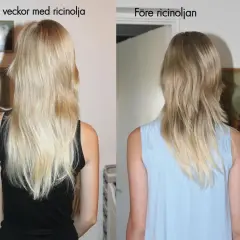 Före och efter-bilder visar hur håret blivit tjockare och glansigare efter 3 veckor med ricinolja.