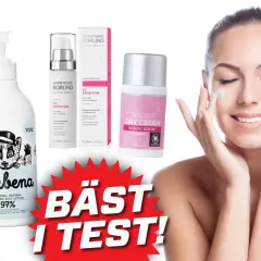 En kvinna applicerar ekologisk bodylotion. Flera produkter för hudvård visas, inklusive Annemarie Börlind och Estelle & Thild.