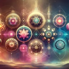 En samling lysande yantra-symboler svävar över ett drömskt landskap.