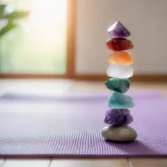En stapel färgade chakra stenar på en lila yogamatta. Varje sten representerar en betydelse för kroppens energicentra.