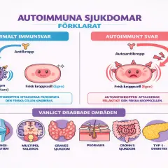 Illustration som förklarar autoimmuna sjukdomar: normalt immunförsvar attackerar patogener, medan vid autoimmunitet attackerar autoantikroppar kroppens egna celler. Test för autoimmun sjukdom kan visa detta.