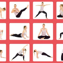 En kvinna utför olika yogapositioner som en del av ett yoga program.