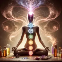 En person med upplysta chakran i meditation, omgiven av ljus, oljor och blommor. En känsla av salvia rening och inre frid.