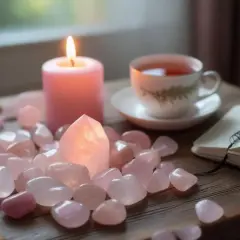 En rosa ljus, en kopp te och en anteckningsbok omgivna av rosenkvartsstenar. Rosenkvarts egenskaper sägs vara kopplade till kärlek och lugn.