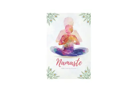 En färgstark silhuett av en person i meditationsställning, med texten "Namaste" och "Yoga Journal Volume 1".