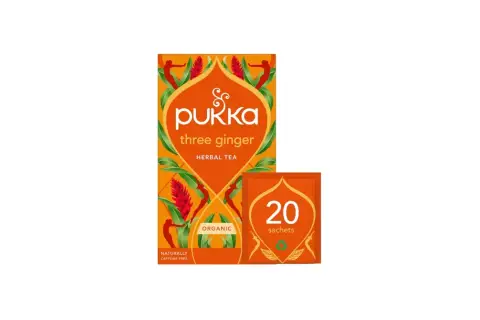Pukka Three Ginger örtte. En förpackning med 20 påsar, ekologisk och koffeinfri.