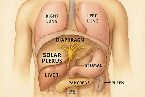 Illustration av människans övre bål med lungor, diafragma, magsäck, lever, bukspottkörtel, mjälte och det centrala nervsystemets solar plexus.