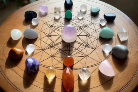 En cirkel av vackra chakra smycken, arrangerade på en träskiva med geometriska mönster. Stenar i olika färger och former skapar en harmonisk helhet.