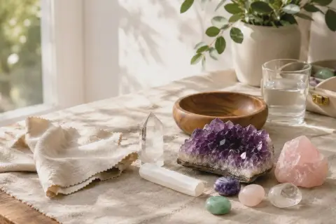 Vackra kristaller och stenar, som ametist och rosenkvarts, ligger utspridda på en duk. En klar kvartskristall och en selenite-stav står upprätt.