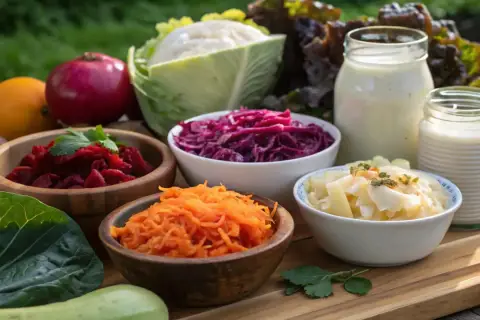 En härlig uppdukning av fermenterade grönsaker som rödbetor, surkål och morötter, perfekt för en **holistic cellsyre**-diet.