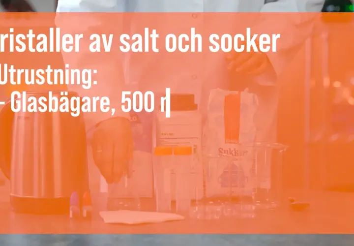 Laboratorieutrustning för att skapa en saltkristall. En person i labbrock förbereder experiment med salt och socker.