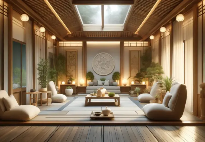 Ett lugnt rum med japansk inredning, perfekt för att vara zen. Mjuka möbler, bambu och naturligt ljus skapar en fridfull atmosfär.