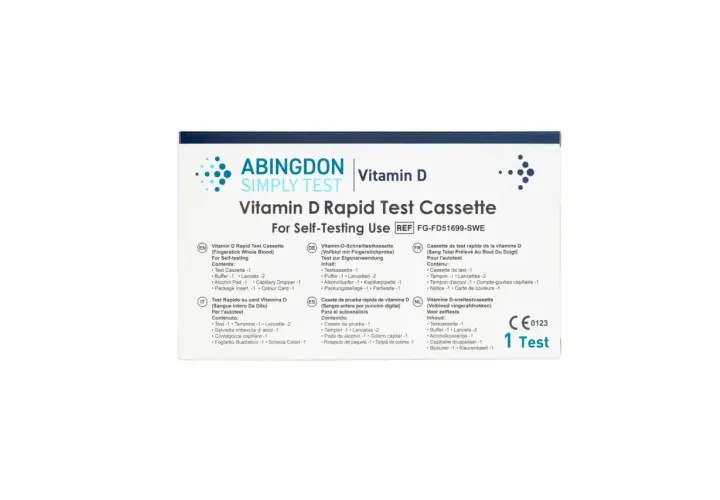 En låda för ett vitamin D snabbtest, perfekt för att testa ditt vitamin brist. Innehåller testkassett, buffert, lansetter, alkoholpad, kapillärpipett och instruktioner.