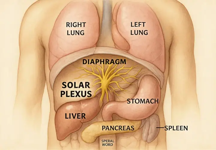 Illustration av människans övre bål med lungor, diafragma, magsäck, lever, bukspottkörtel, mjälte och det centrala nervsystemets solar plexus.