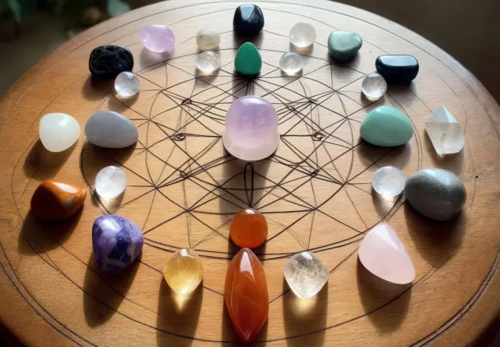 En cirkel av vackra chakra smycken, arrangerade på en träskiva med geometriska mönster. Stenar i olika färger och former skapar en harmonisk helhet.