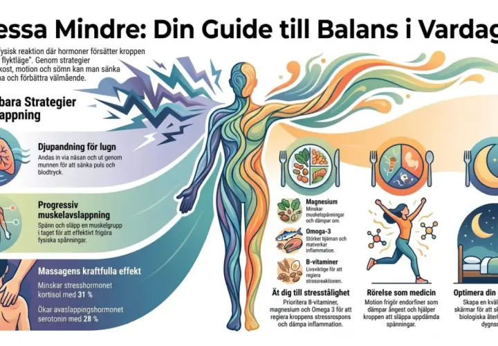 Bilden visar strategier för att minska stress, inklusive djupandning, muskelavslappning och massage som ökar serotonin.