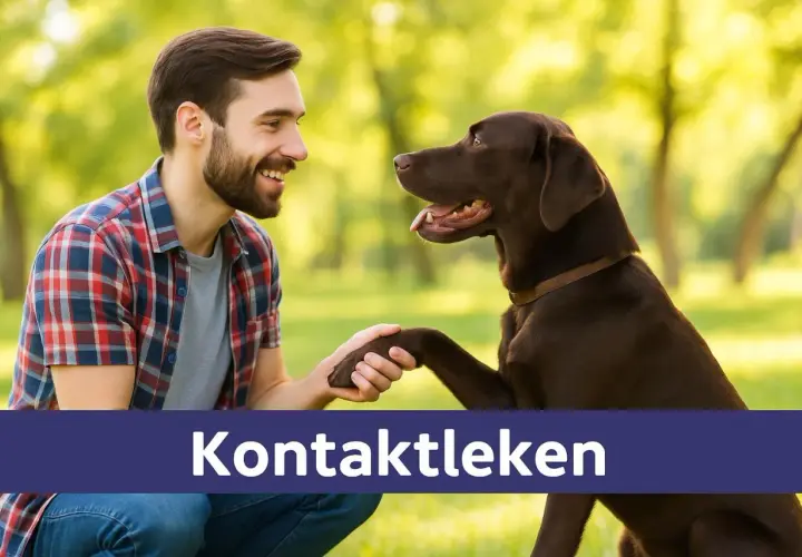 Man och hund ler mot varandra i parken, en bild som symboliserar hund yoga och en stark relation.