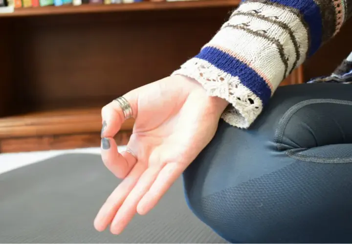 En hand i anjali mudra vilar på ett knä. Bakom syns en bokhylla med yogamattor.