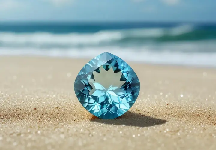 En skimrande akvamarin på en sandstrand, dess blå färg påminner om havets djup. Akvamarin egenskaper som lugn och klarhet speglas i denna vackra sten.