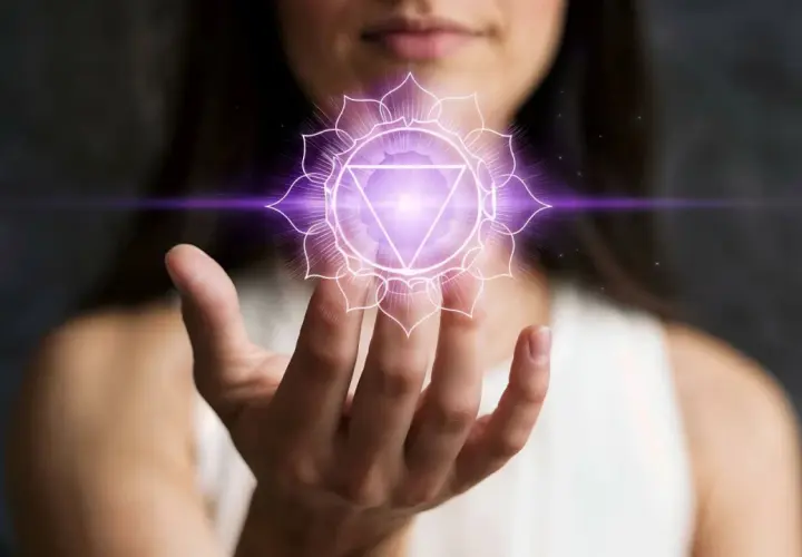 En kvinna håller upp sin hand där ett lysande lila kronchakra svävar.