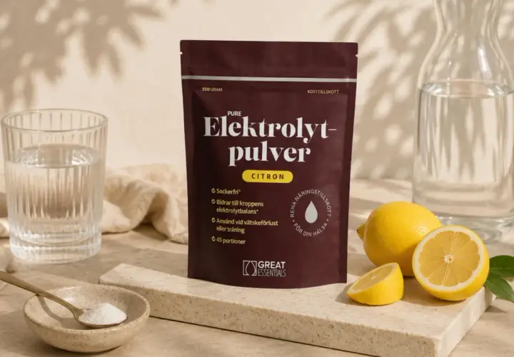 Elektrolytpulver med citron för att balansera hormoner och återställa vätskebalansen. Citroner, glas vatten och en sked pulver.
