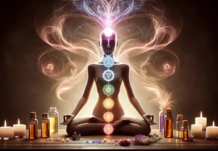 En person med upplysta chakran i meditation, omgiven av ljus, oljor och blommor. En känsla av salvia rening och inre frid.