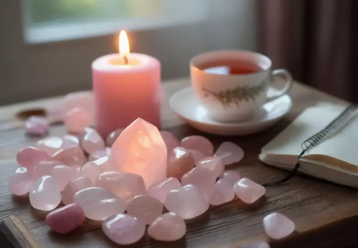 En rosa ljus, en kopp te och en anteckningsbok omgivna av rosenkvartsstenar. Rosenkvarts egenskaper sägs vara kopplade till kärlek och lugn.