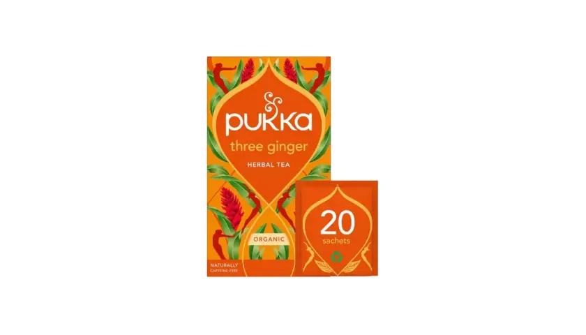 Pukka Three Ginger örtte. En förpackning med 20 påsar, ekologisk och koffeinfri.