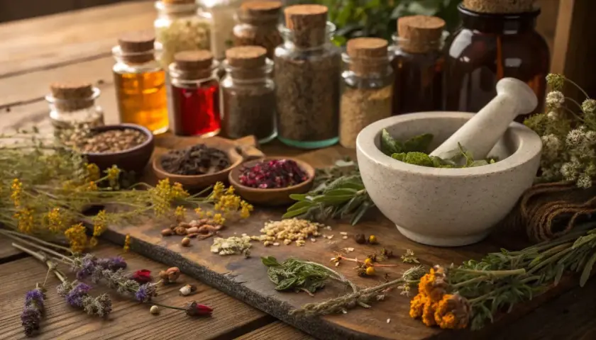 Mortel med örter, flaskor med vätskor och torkade ingredienser. En hyllning till naturlig hälsa och pukka revitalise.
