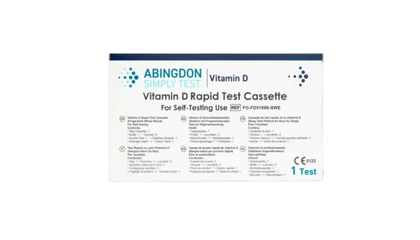 En låda för ett vitamin D snabbtest, perfekt för att testa ditt vitamin brist. Innehåller testkassett, buffert, lansetter, alkoholpad, kapillärpipett och instruktioner.